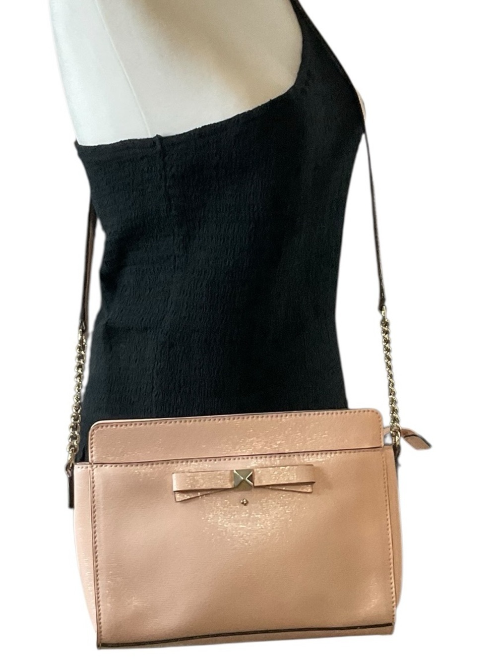kate spade Ballet Pink Textured Leather Crossbody with Gold Toned Bow Accent
